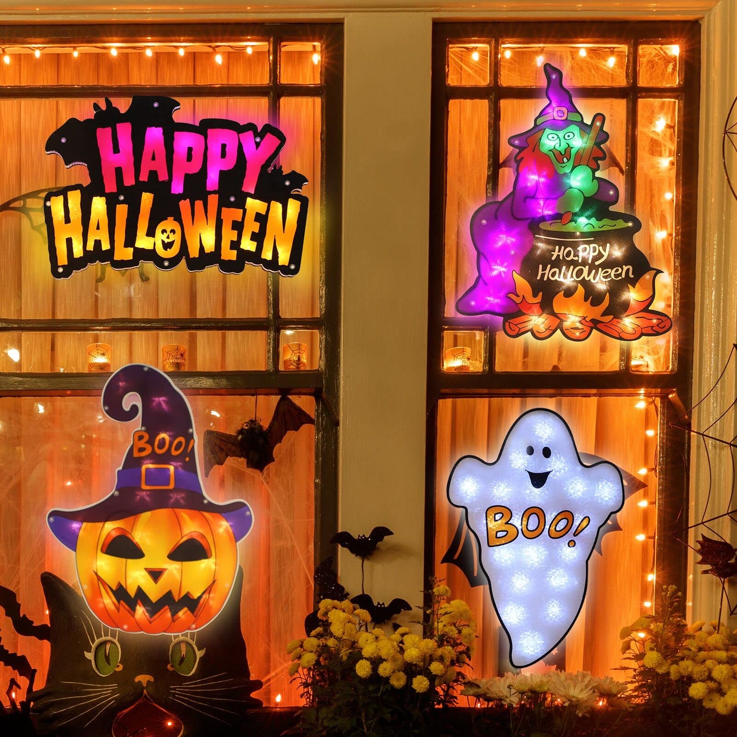 4 Pack LED Lighted Ghost,Happy Halloween,Witch,Jack-O-Lantern Halloween Window Silhouette Decoration Lighted Window Decoration for Party,Home,Patio Lawn,Garden(4 Set Halloween Light)